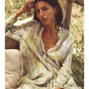 Zara Ikat Yellow Aztec Boho Remie 3/4 Button Down Shirt Blouse Women's Size XS